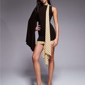 ASOS design NWT one sleeve draped mini dress with tie scarf detail in brown